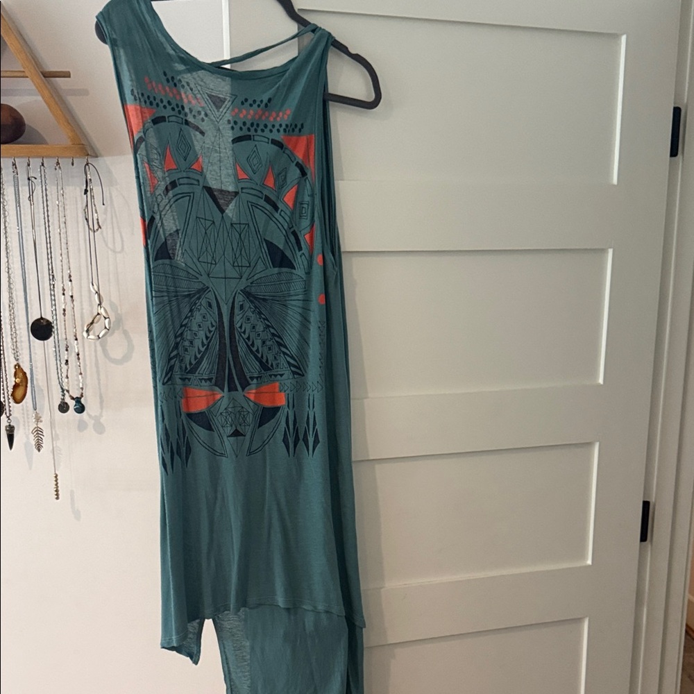 Lush Asymmetrical Teal Dress with Black and Orange Patterns